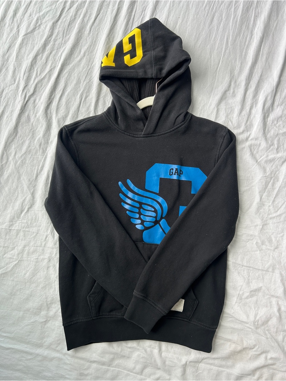 GAP Black Hoodie with Bright Blue Logo and Yellow Hood Detail